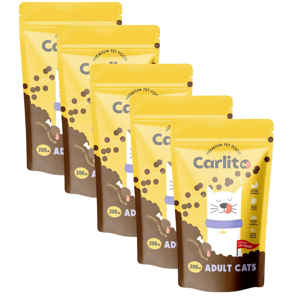 Carlito Adult Cat Dry Food - Balanced Nutrition for All Breeds | 5 X 200 Grams Pouch Bundle