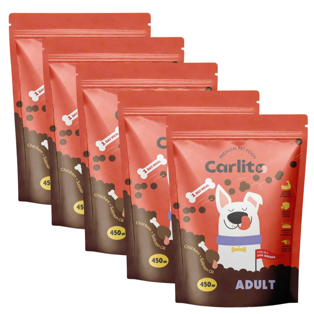 Carlito Adult Dog Dry Food - Complete & Balanced for All Breeds | 5 X 450 Grams Pouch Bundle